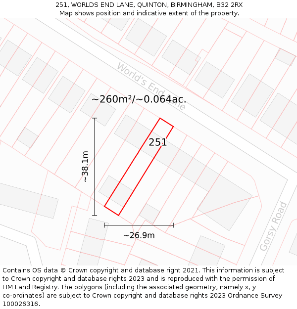 251, WORLDS END LANE, QUINTON, BIRMINGHAM, B32 2RX: Plot and title map