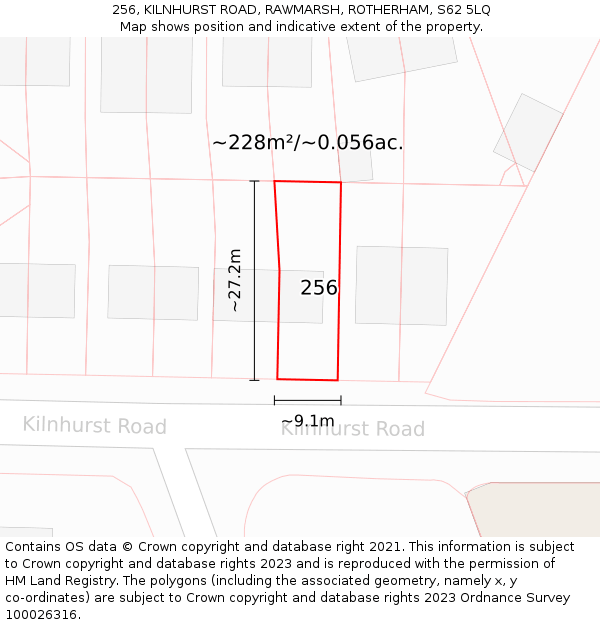 256, KILNHURST ROAD, RAWMARSH, ROTHERHAM, S62 5LQ: Plot and title map
