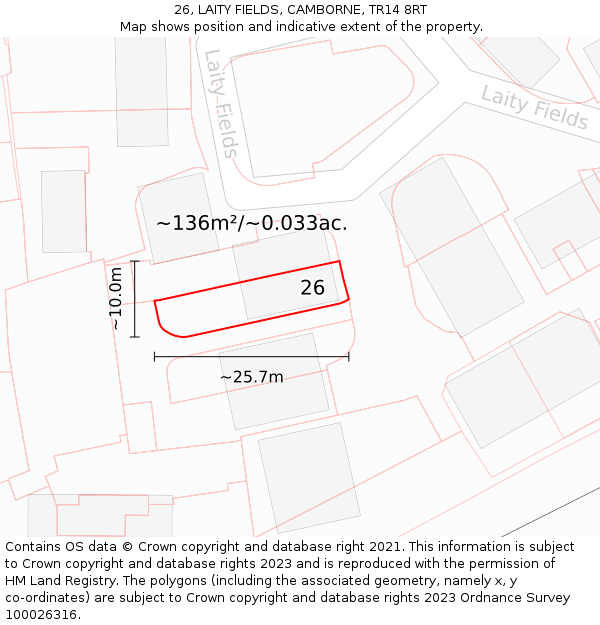 26, LAITY FIELDS, CAMBORNE, TR14 8RT: Plot and title map