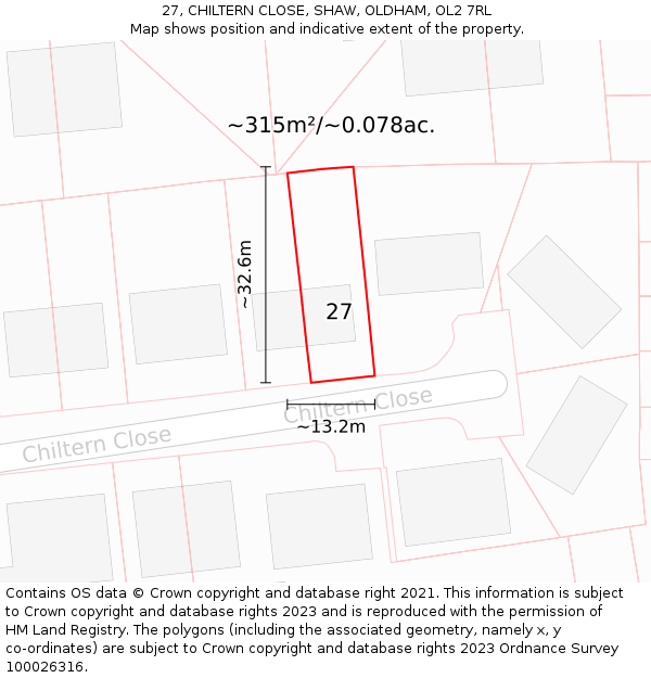 27, CHILTERN CLOSE, SHAW, OLDHAM, OL2 7RL: Plot and title map