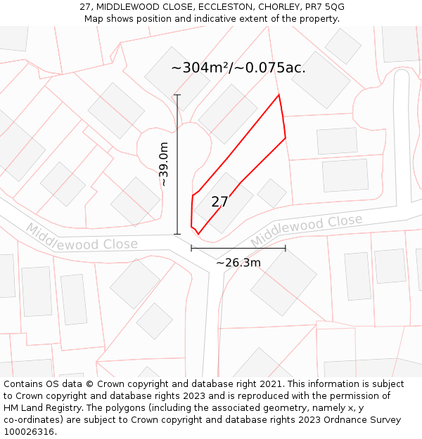 27, MIDDLEWOOD CLOSE, ECCLESTON, CHORLEY, PR7 5QG: Plot and title map