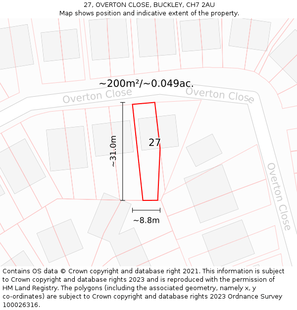 27, OVERTON CLOSE, BUCKLEY, CH7 2AU: Plot and title map