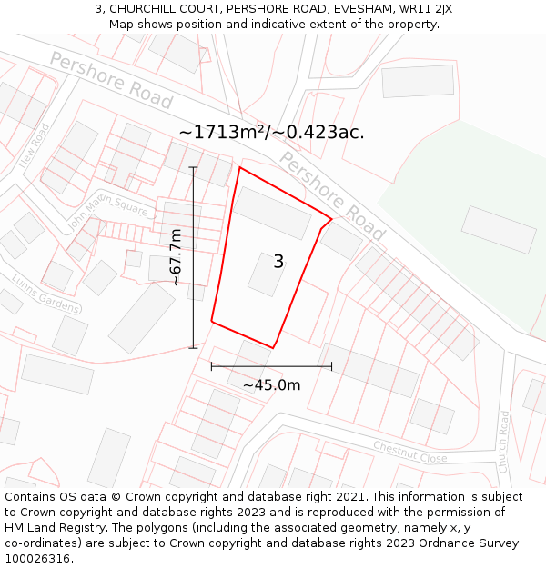3, CHURCHILL COURT, PERSHORE ROAD, EVESHAM, WR11 2JX: Plot and title map