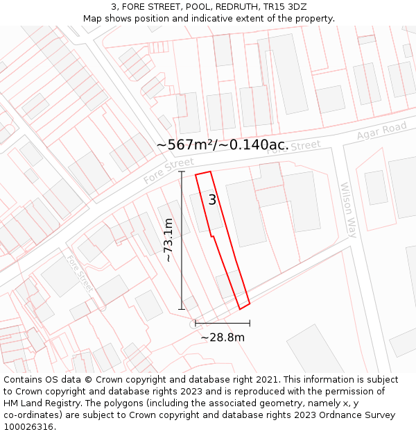 3, FORE STREET, POOL, REDRUTH, TR15 3DZ: Plot and title map