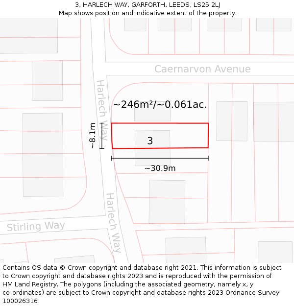 3, HARLECH WAY, GARFORTH, LEEDS, LS25 2LJ: Plot and title map