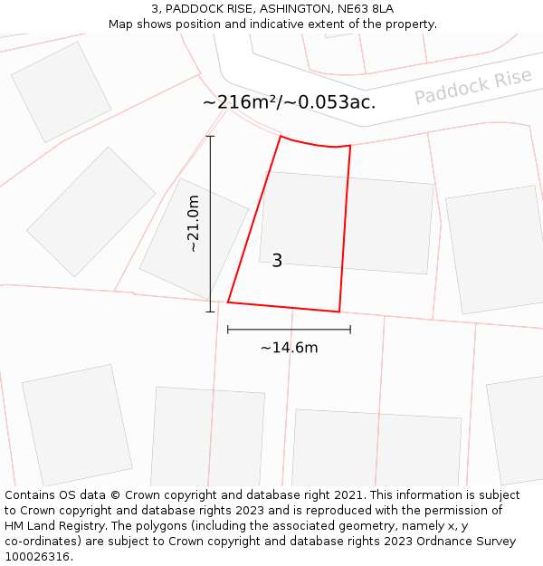 3, PADDOCK RISE, ASHINGTON, NE63 8LA: Plot and title map