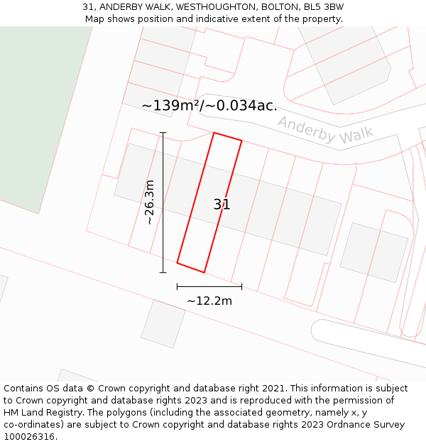 31, ANDERBY WALK, WESTHOUGHTON, BOLTON, BL5 3BW: Plot and title map
