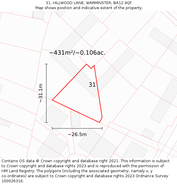 31, HILLWOOD LANE, WARMINSTER, BA12 9QF: Plot and title map