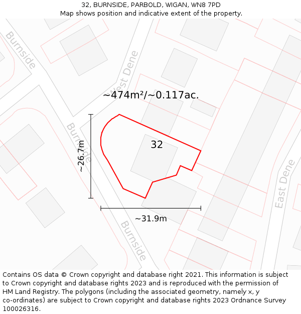 32, BURNSIDE, PARBOLD, WIGAN, WN8 7PD: Plot and title map