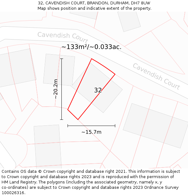 32, CAVENDISH COURT, BRANDON, DURHAM, DH7 8UW: Plot and title map