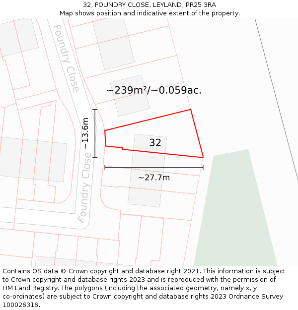 32, FOUNDRY CLOSE, LEYLAND, PR25 3RA: Plot and title map