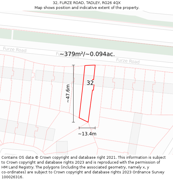 32, FURZE ROAD, TADLEY, RG26 4QX: Plot and title map