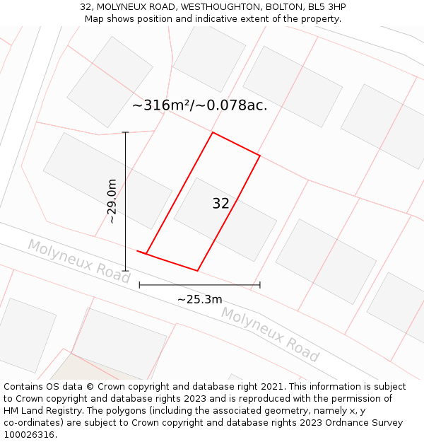 32, MOLYNEUX ROAD, WESTHOUGHTON, BOLTON, BL5 3HP: Plot and title map