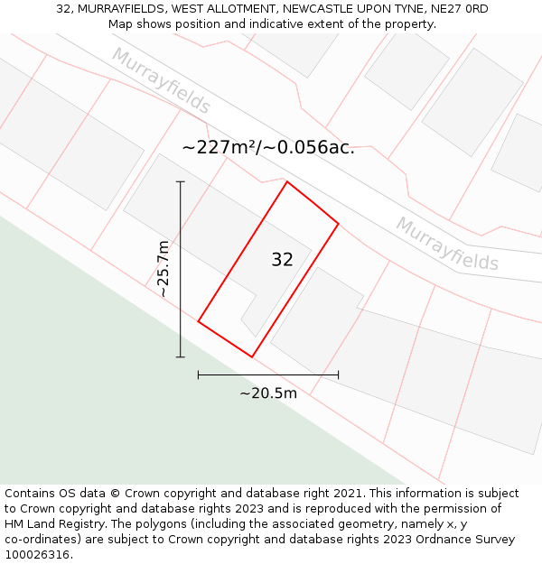 32, MURRAYFIELDS, WEST ALLOTMENT, NEWCASTLE UPON TYNE, NE27 0RD: Plot and title map