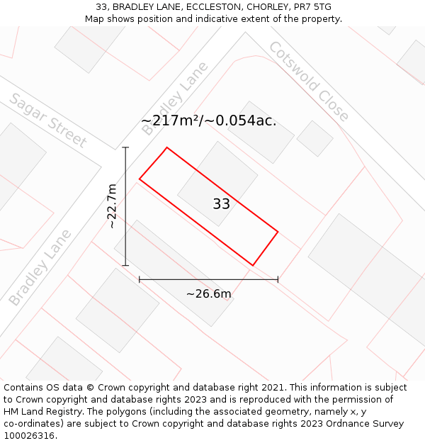 33, BRADLEY LANE, ECCLESTON, CHORLEY, PR7 5TG: Plot and title map