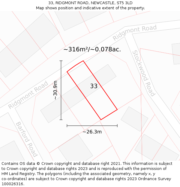 33, RIDGMONT ROAD, NEWCASTLE, ST5 3LD: Plot and title map