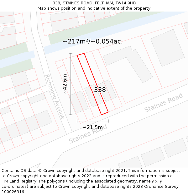 338, STAINES ROAD, FELTHAM, TW14 9HD: Plot and title map