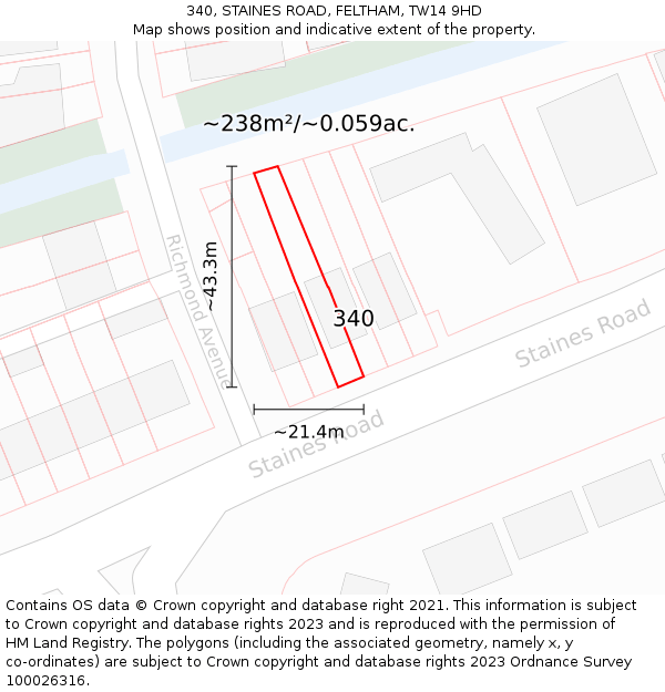 340, STAINES ROAD, FELTHAM, TW14 9HD: Plot and title map