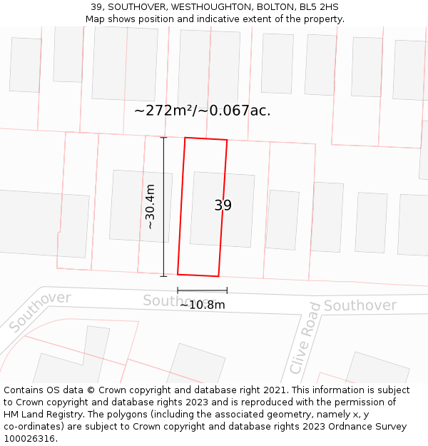 39, SOUTHOVER, WESTHOUGHTON, BOLTON, BL5 2HS: Plot and title map