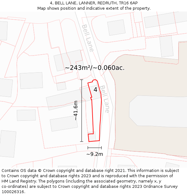 4, BELL LANE, LANNER, REDRUTH, TR16 6AP: Plot and title map