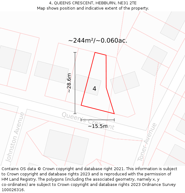 4, QUEENS CRESCENT, HEBBURN, NE31 2TE: Plot and title map