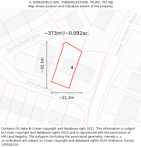 4, SPRINGFIELD WAY, THREEMILESTONE, TRURO, TR3 6BJ: Plot and title map