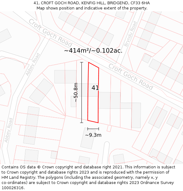 41, CROFT GOCH ROAD, KENFIG HILL, BRIDGEND, CF33 6HA: Plot and title map