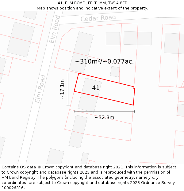 41, ELM ROAD, FELTHAM, TW14 8EP: Plot and title map