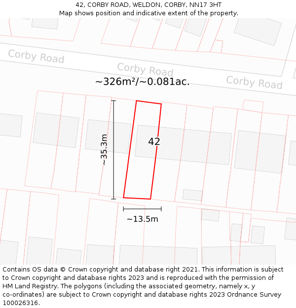 42, CORBY ROAD, WELDON, CORBY, NN17 3HT: Plot and title map