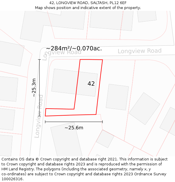 42, LONGVIEW ROAD, SALTASH, PL12 6EF: Plot and title map
