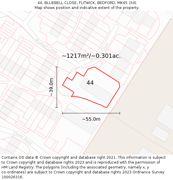 44, BLUEBELL CLOSE, FLITWICK, BEDFORD, MK45 1NS: Plot and title map