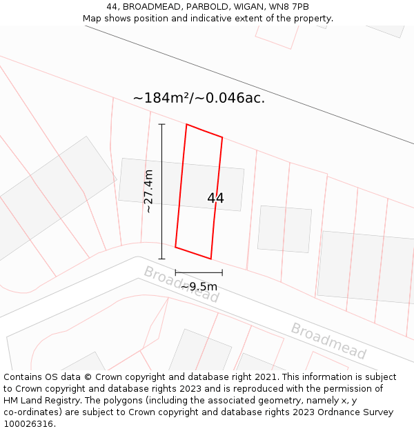 44, BROADMEAD, PARBOLD, WIGAN, WN8 7PB: Plot and title map