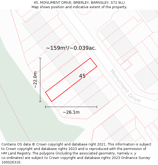 45, MONUMENT DRIVE, BRIERLEY, BARNSLEY, S72 9LU: Plot and title map