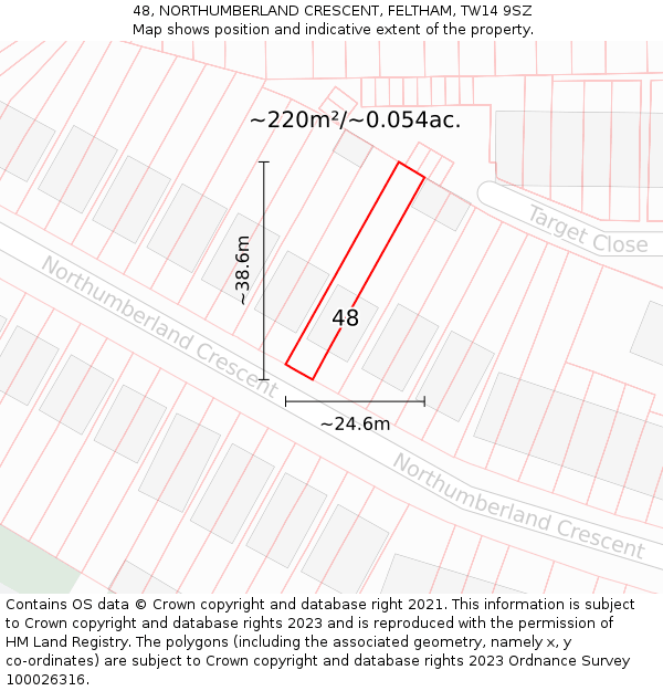 48, NORTHUMBERLAND CRESCENT, FELTHAM, TW14 9SZ: Plot and title map