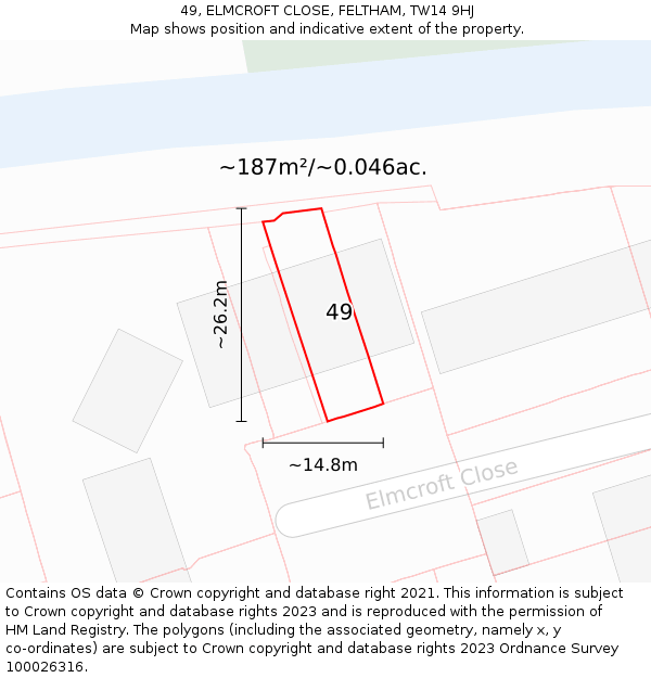 49, ELMCROFT CLOSE, FELTHAM, TW14 9HJ: Plot and title map