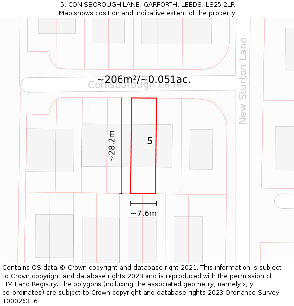 5, CONISBOROUGH LANE, GARFORTH, LEEDS, LS25 2LR: Plot and title map