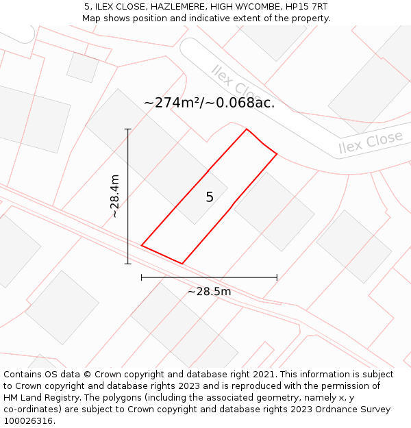5, ILEX CLOSE, HAZLEMERE, HIGH WYCOMBE, HP15 7RT: Plot and title map