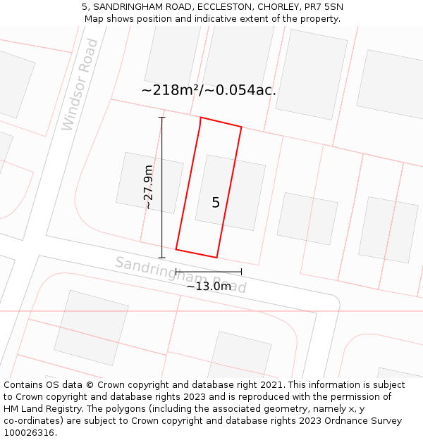 5, SANDRINGHAM ROAD, ECCLESTON, CHORLEY, PR7 5SN: Plot and title map