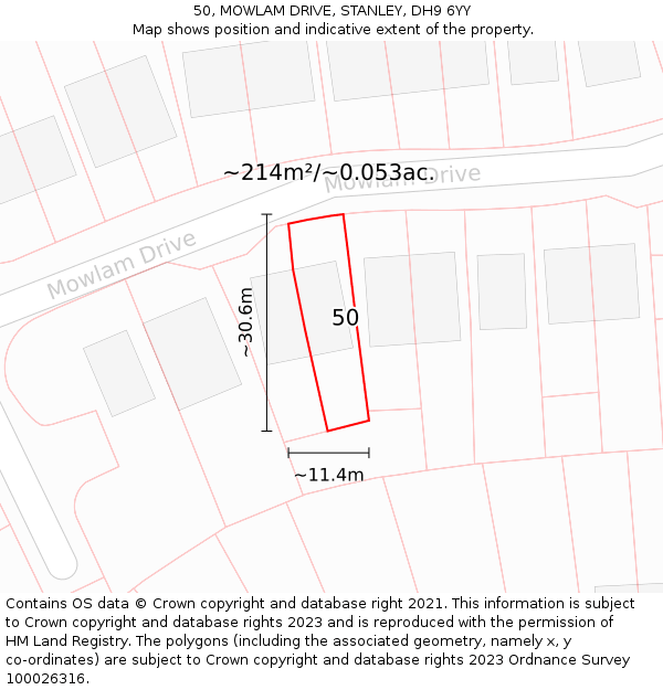 50, MOWLAM DRIVE, STANLEY, DH9 6YY: Plot and title map