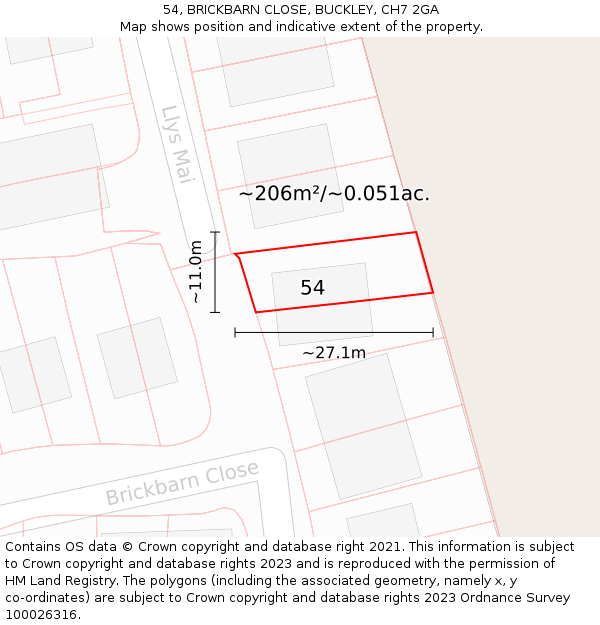 54, BRICKBARN CLOSE, BUCKLEY, CH7 2GA: Plot and title map