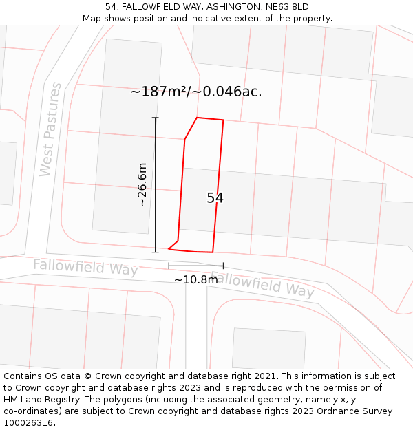 54, FALLOWFIELD WAY, ASHINGTON, NE63 8LD: Plot and title map