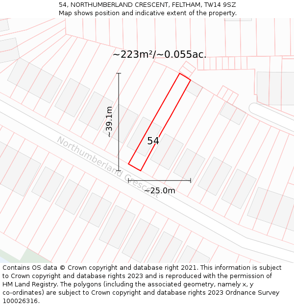 54, NORTHUMBERLAND CRESCENT, FELTHAM, TW14 9SZ: Plot and title map
