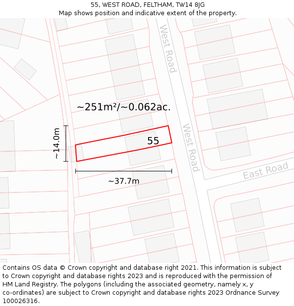55, WEST ROAD, FELTHAM, TW14 8JG: Plot and title map