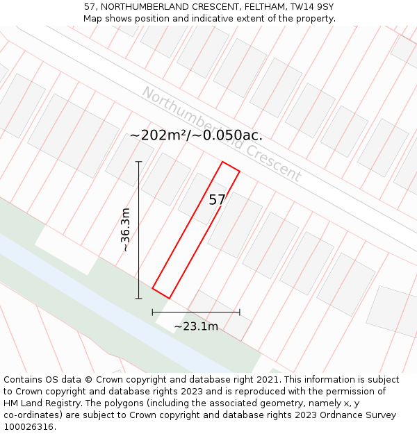 57, NORTHUMBERLAND CRESCENT, FELTHAM, TW14 9SY: Plot and title map