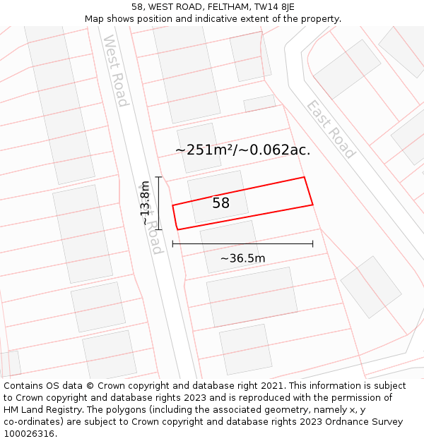 58, WEST ROAD, FELTHAM, TW14 8JE: Plot and title map
