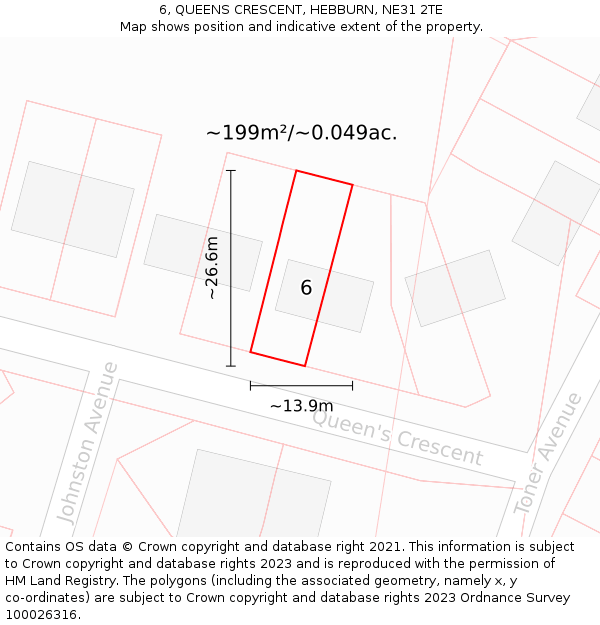 6, QUEENS CRESCENT, HEBBURN, NE31 2TE: Plot and title map