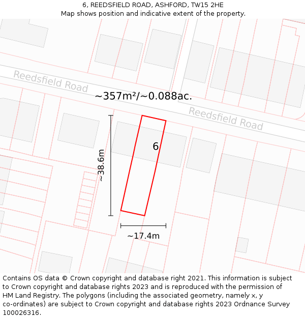 6, REEDSFIELD ROAD, ASHFORD, TW15 2HE: Plot and title map