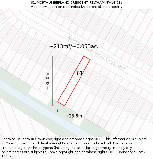 61, NORTHUMBERLAND CRESCENT, FELTHAM, TW14 9SY: Plot and title map
