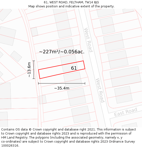61, WEST ROAD, FELTHAM, TW14 8JG: Plot and title map