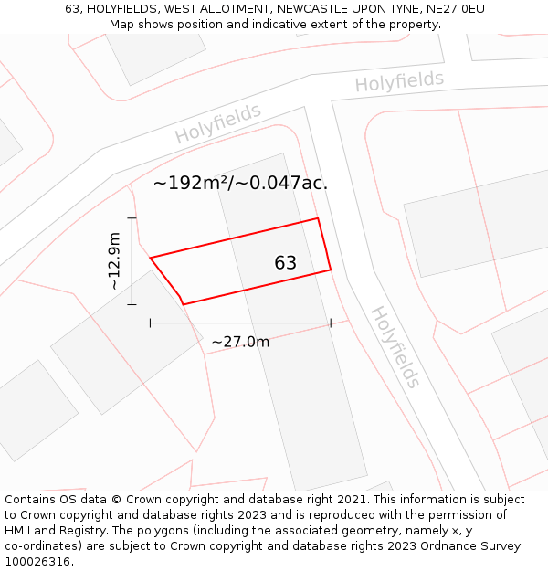63, HOLYFIELDS, WEST ALLOTMENT, NEWCASTLE UPON TYNE, NE27 0EU: Plot and title map